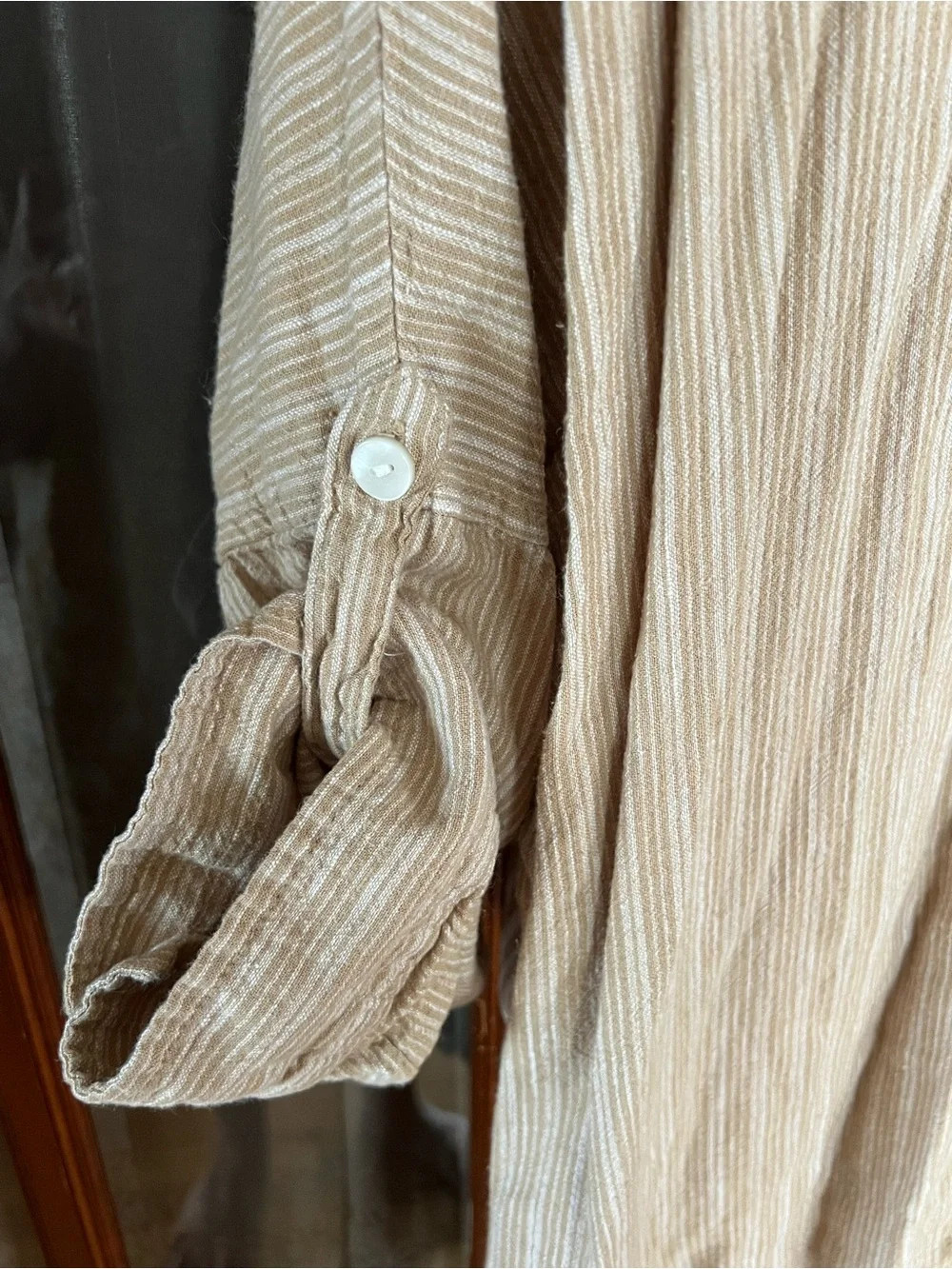 Oversized American Eagle Outfitters Two-Tone Beige Stripe Button-Up Shirt - Picture 5 of 12